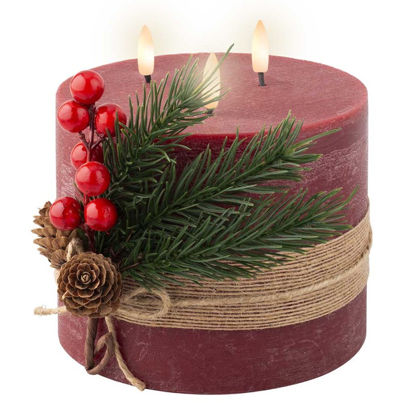 LED Pillar Candle With Twig Decoration Christmas Red 15cm 1