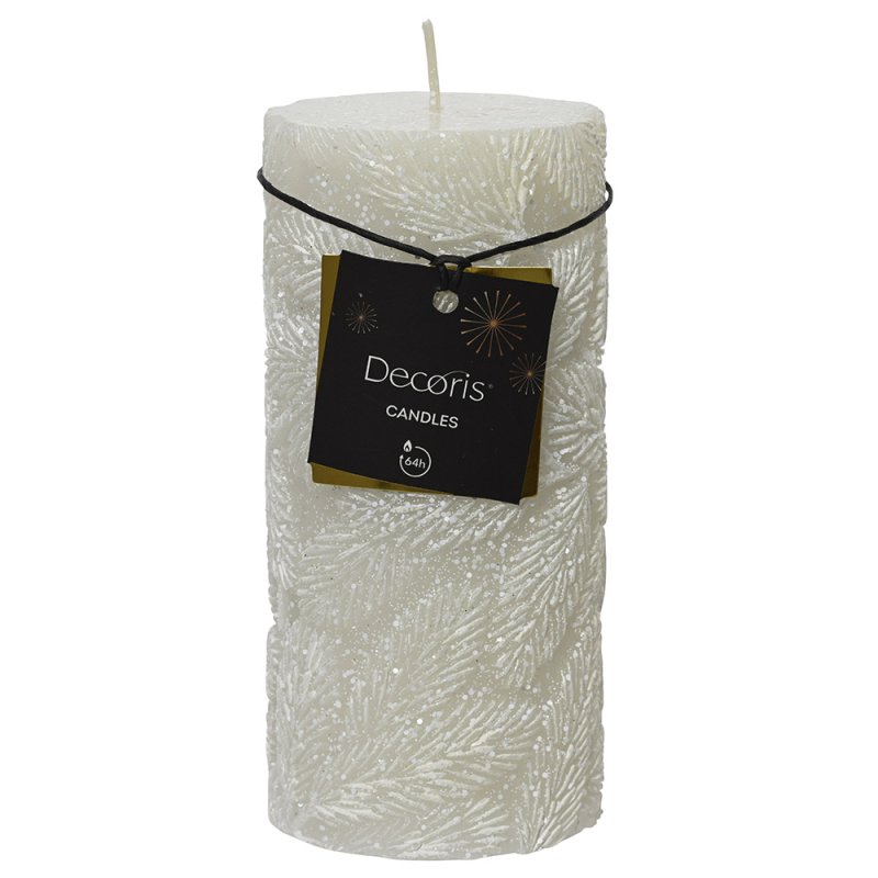 Wax Pillar Candle With Embossed Leaf Design Winter White 15cm