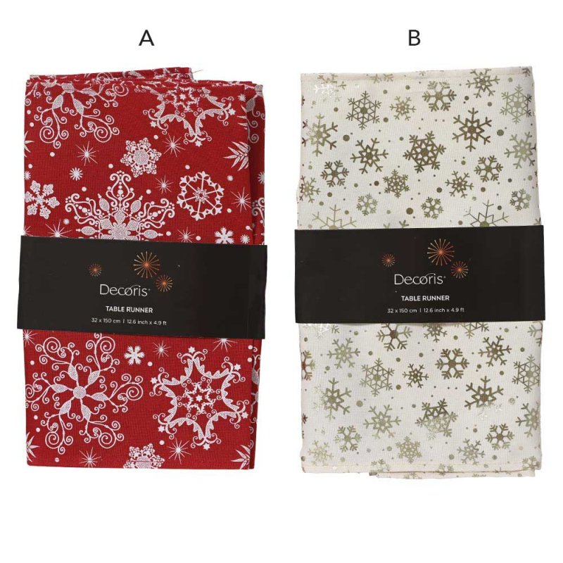 Table Runner With Snowflakes Red or White 32cm x 150cm (Choice of 2)