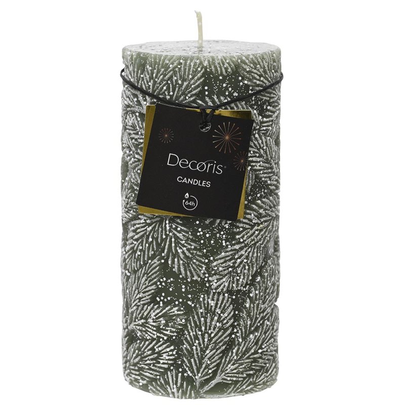 Wax Pillar Candle With Embossed Leaf Design Rosemary Green 15cm