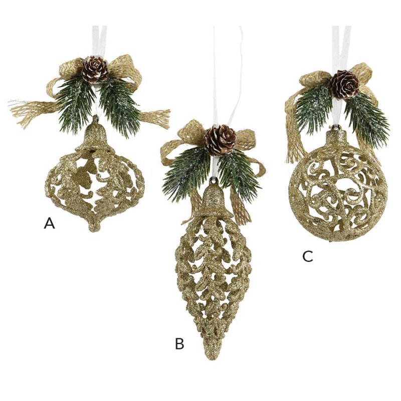 Hollow Bauble With Glitter & Foliage Gold 7cm (Choice of 3)