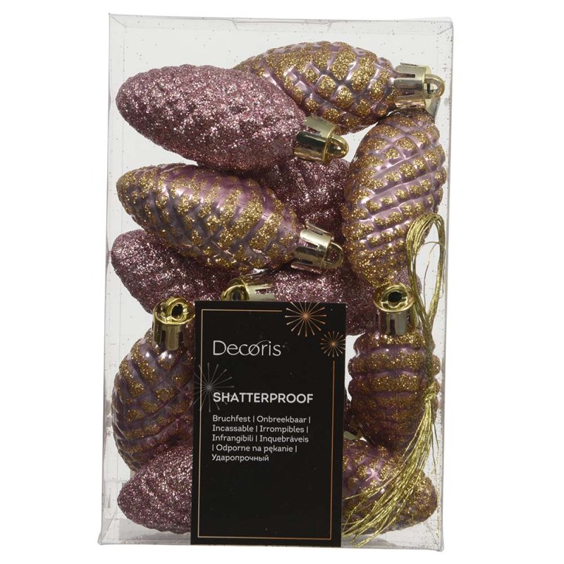 Shatterproof Pinecone Baubles Vintage Pink In Box 14cm (Set Of 12)