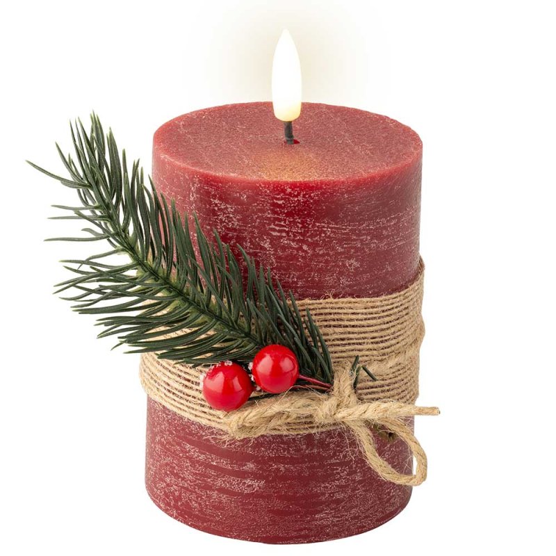 LED Pillar Candle with Twig Decoration Christmas Red 13cm 1