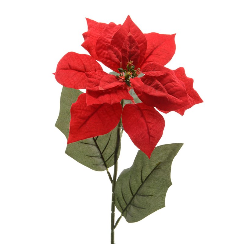Silk Poinsettia On Stem With Green Cyathia Red 67cm