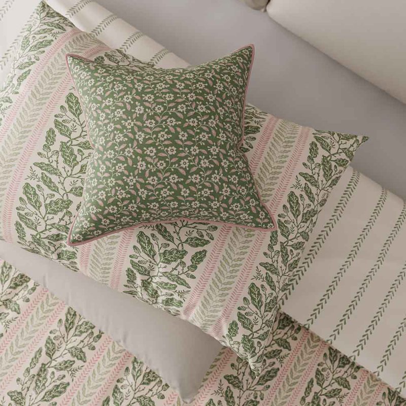 Oak Stripe Duvet Cover Set Single Green & Pink Lifestyle Pillow Close Up