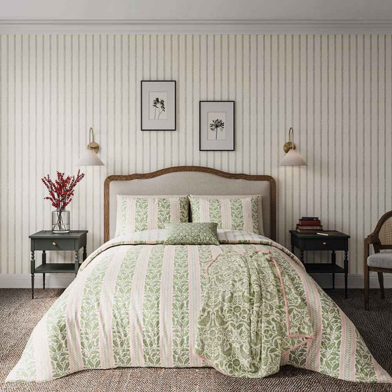 Oak Stripe Reversible Single Duvet Cover Set Green & Pink Lifestyle