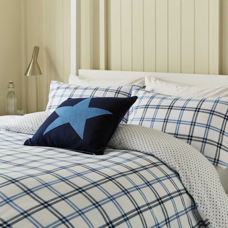 Hunter's Check Brushed Cotton Duvet Cover Set Single Cobalt Blue & Navy Lifestyle Close Up
