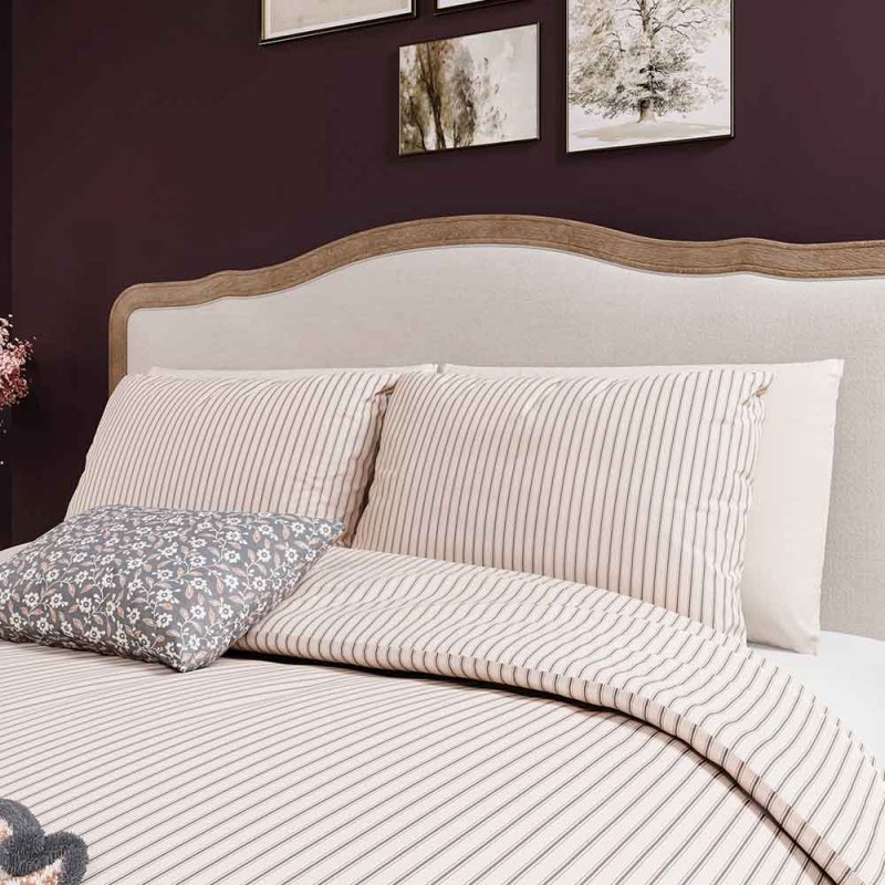 Ticking Stripe Single Duvet Cover Set Graphite & Copper Lifestyle Close Up