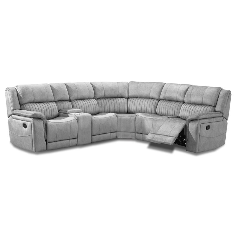 Albrun 5 Seater Electric Reclining Corner Sofa With Central Console Faux Suede Light Grey
