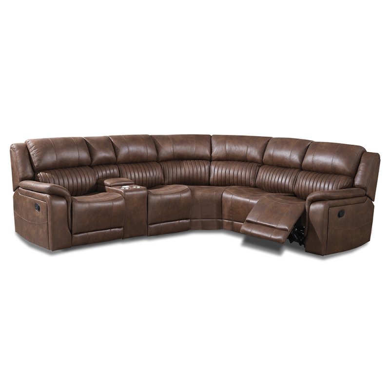 Albrun 5 Seater Manual Reclining Corner Sofa With Central Console Faux Suede Dark Brown