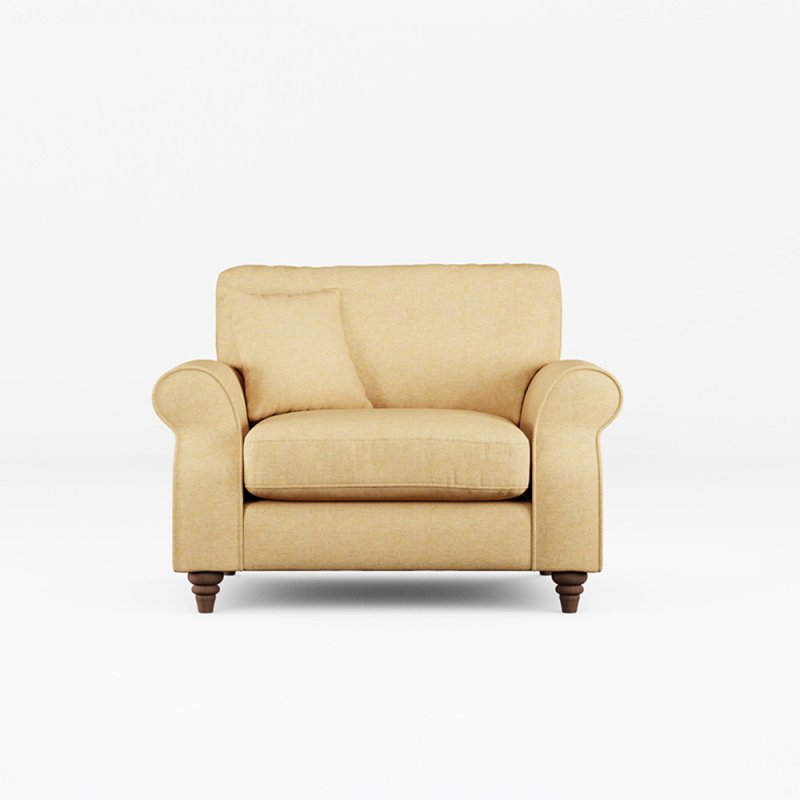 Hazel Snuggler Fabric Oslo Ochre With Burnished Beech Leg Front View