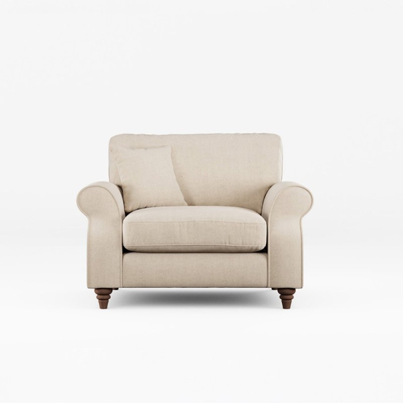 Hazel Snuggler Fabric Minco Natural With Burnished Beech Leg Front View