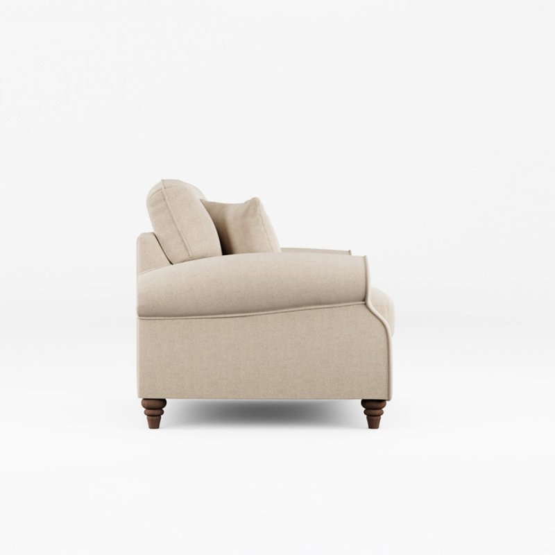 Hazel Snuggler Fabric Minco Natural With Burnished Beech Leg Side View