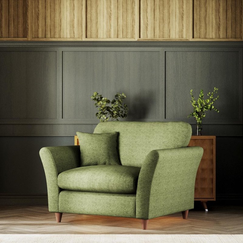 Alpine Snuggler Fabric  Mikah Basil With Burnished Beech Leg Lifestyle