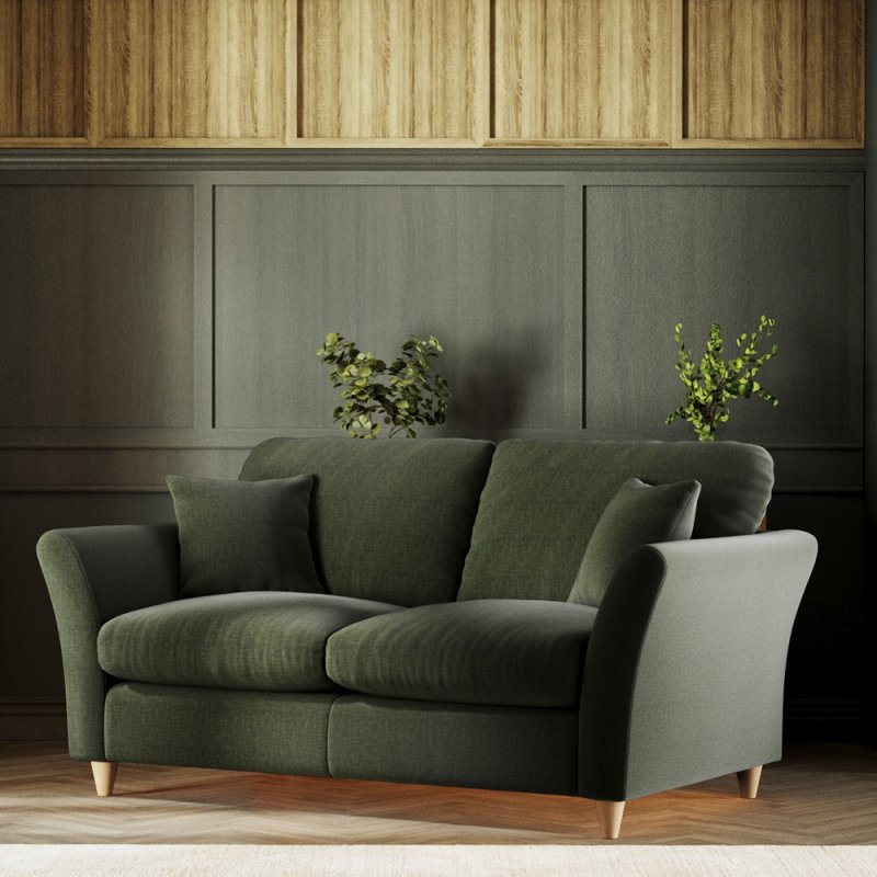 Alpine 2 Seater Sofa Fabric Ansell Moss With Country Oak Leg Lifestyle