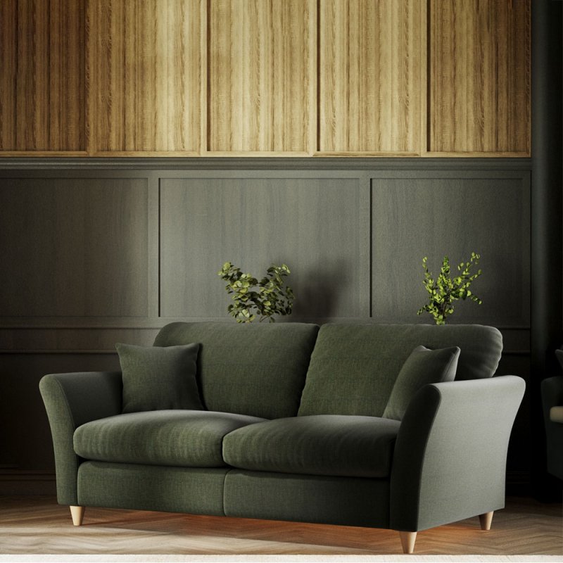 Alpine 3 Seater Sofa Fabric Ansell Moss With Country Oak Leg Lifestyle