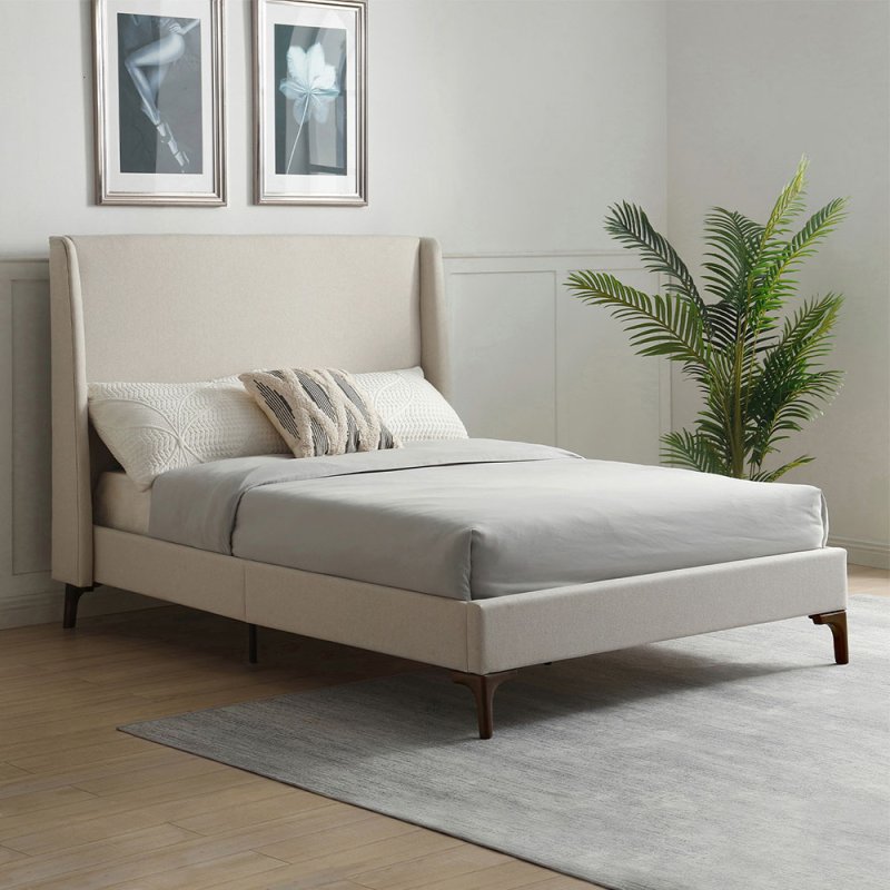 Danny Double (135cm) Bedstead Fabric Stone & Walnut Legs Lifestyle