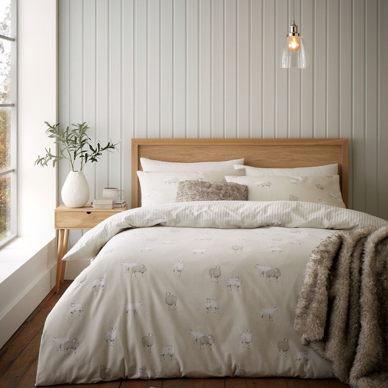 Catherine Lansfield Sheep Brushed Cotton Reversible Single Duvet Cover Set Natural