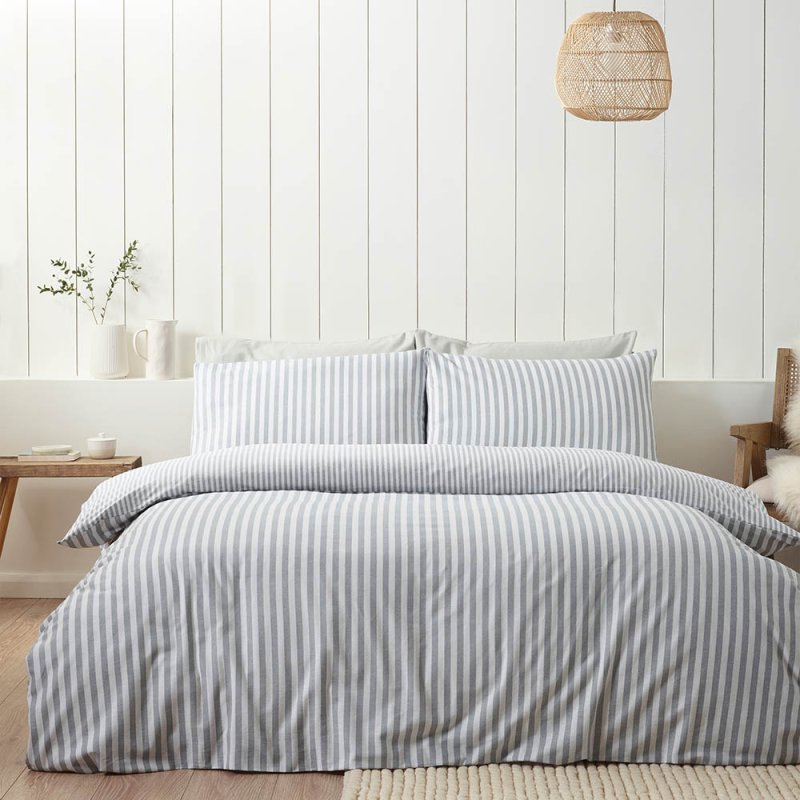 Catherine Lansfield Stripe Brushed Cotton Reversible Double Duvet Cover Set Silver