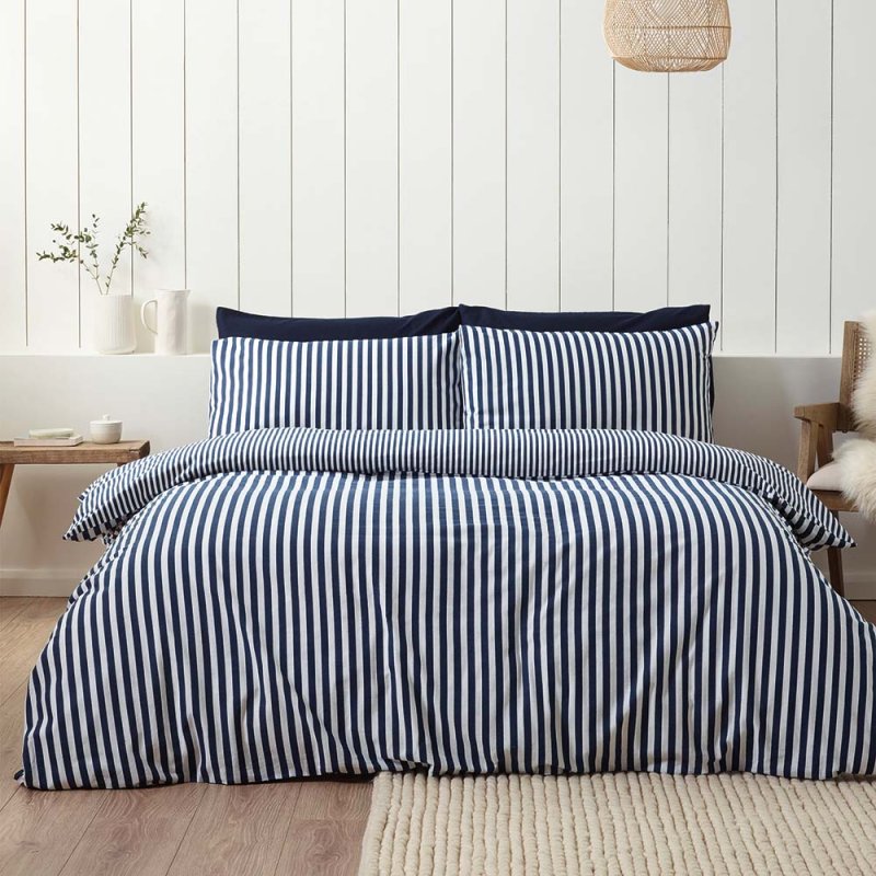 Catherine Lansfield Stripe Brushed Cotton Reversible Double Duvet Cover Set Navy