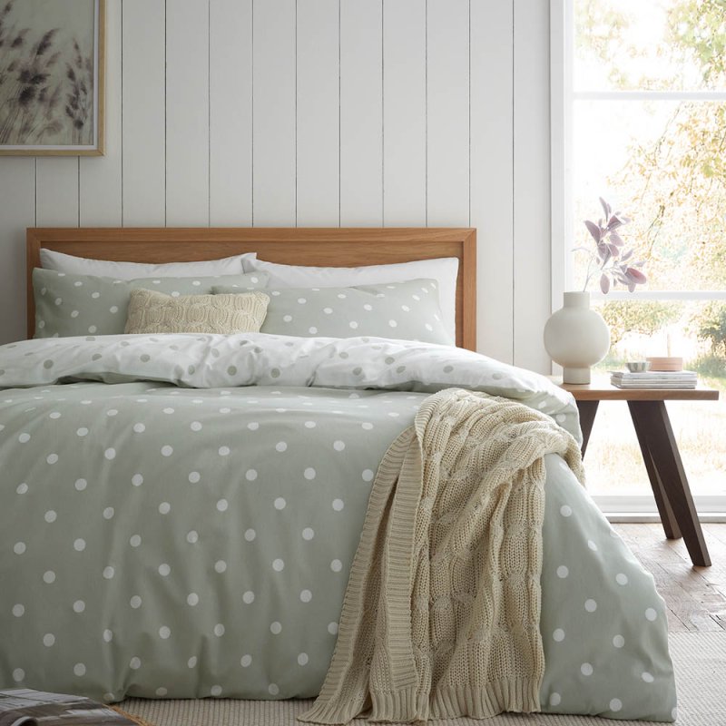 Catherine Lansfield Polka Dot Brushed Cotton Reversible Single Duvet Cover Set Green