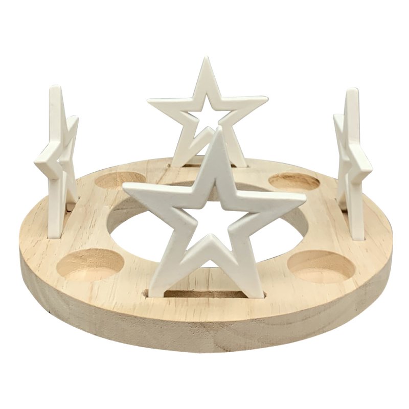 Tealight Holder Round Wooden With Stars 23cm