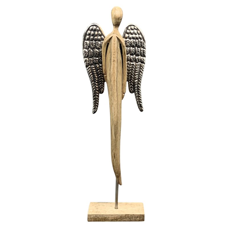 Decorative Wooden Angel With Silver Metal Wings 58cm