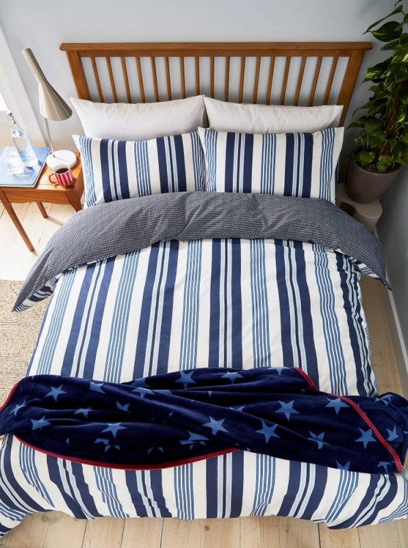 Helena Springfield Huntington Stripe Reversible Super King Duvet Cover Set Blue Overhead