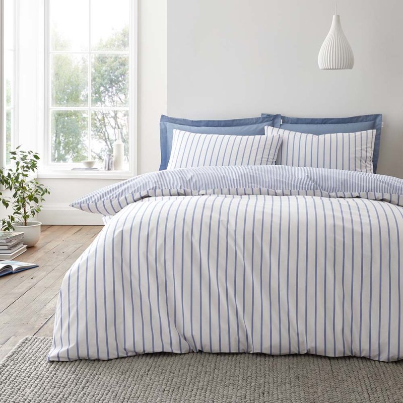 Bianca Fine Linens Hampton Stripe Reversible Double Duvet Cover Set Blue Side 1