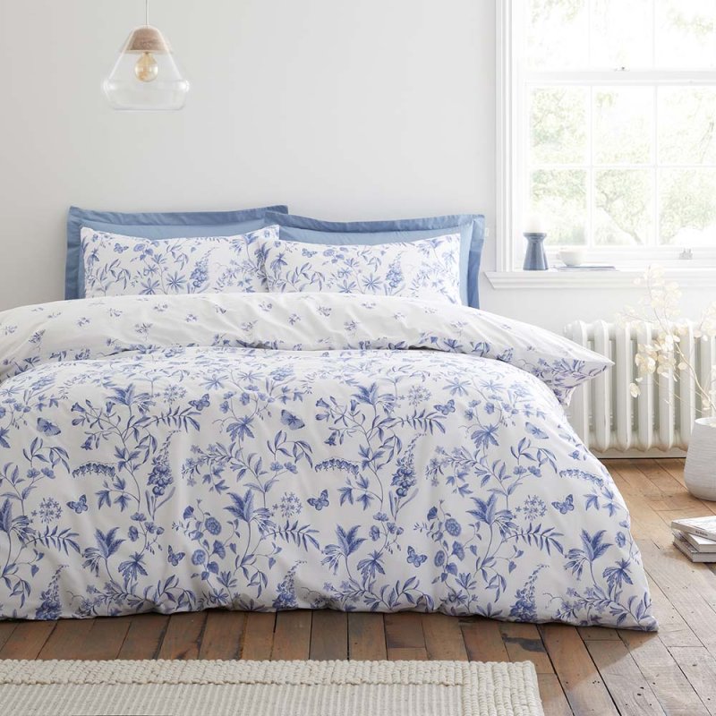 Bianca Fine Linens Thea Floral Reversible Double Duvet Cover Set Blue Side 1