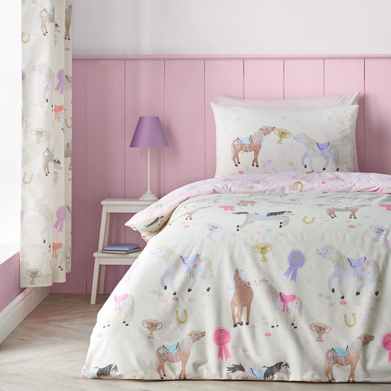Catherine Lansfield Happy Horses Reversible Single Duvet Cover Set Cream Side 1
