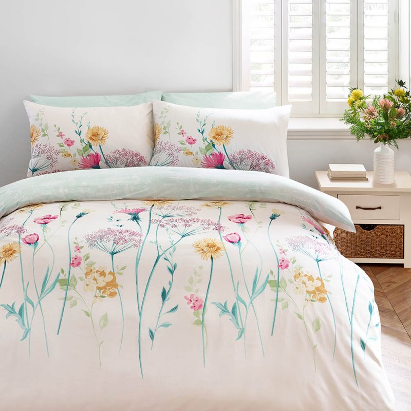 Catherine Lansfield Meadowsweet Floral Reversible King Duvet Cover Set Bright Side 1
