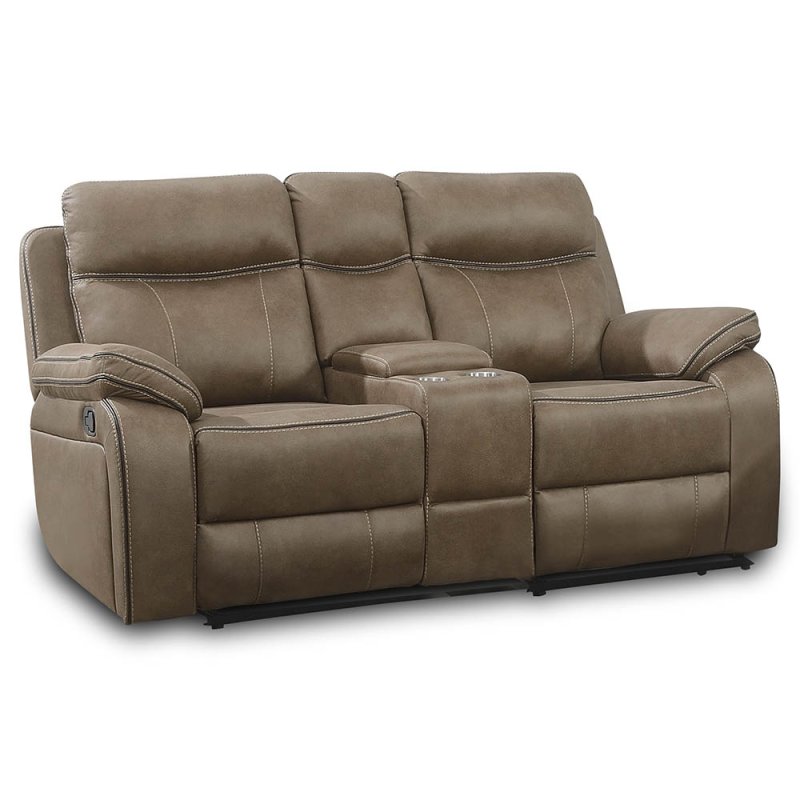 Angelica 2 Seater Manual Reclining Sofa With Central Console & Cupholders Faux Suede Tan