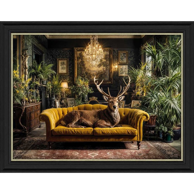 Artko Lounging Stag 90cm x 70cm Picture By Regal Retreats Black Frame