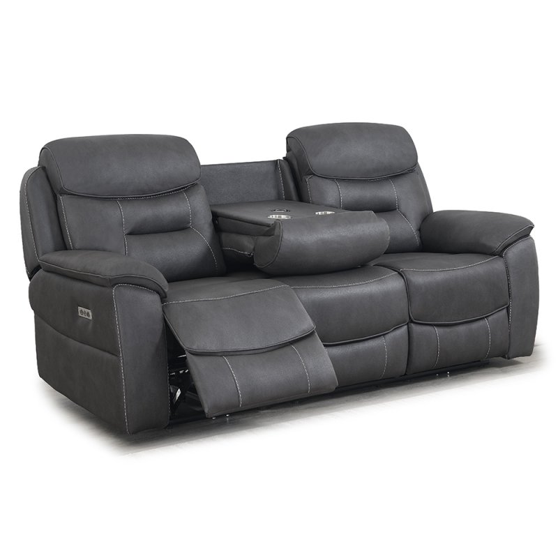 Cordon 3 Seater Electric Sofa With Drop Down Table & USB Charger Faux Leather Dark Grey