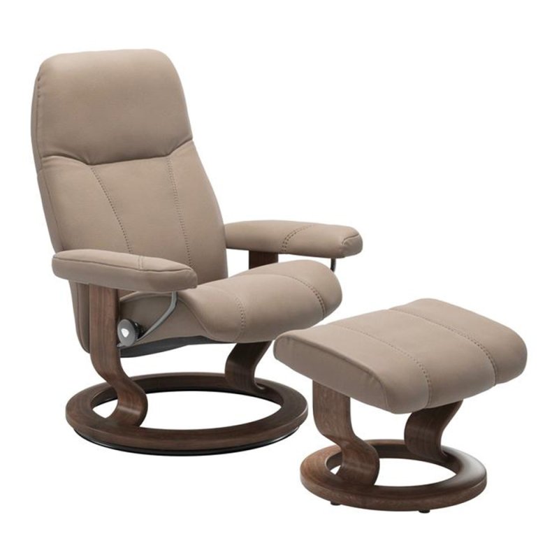 Stressless Consul Large Chair With Classic Base Walnut & Footstool Batick Leather Mole