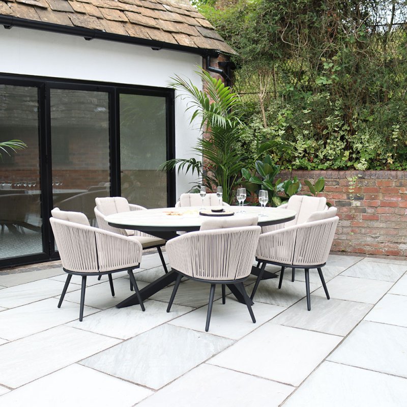  Bali 6 Person Light Sandstone Outdoor Dining Set With Ceramic Oval Glass Table Top 