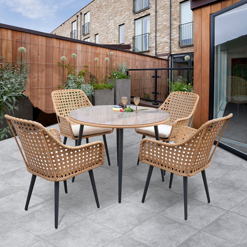 Kettler Boho 4 Person Natural Rattan Outdoor Round Dining Table & Chair Set With Beige Cushions