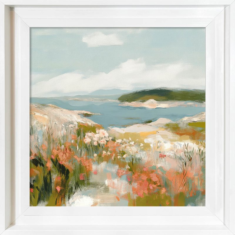 Camelot Quiet Bay With Flowers I 63cm x 63cm Picture By Elara Yasha Off White Frame