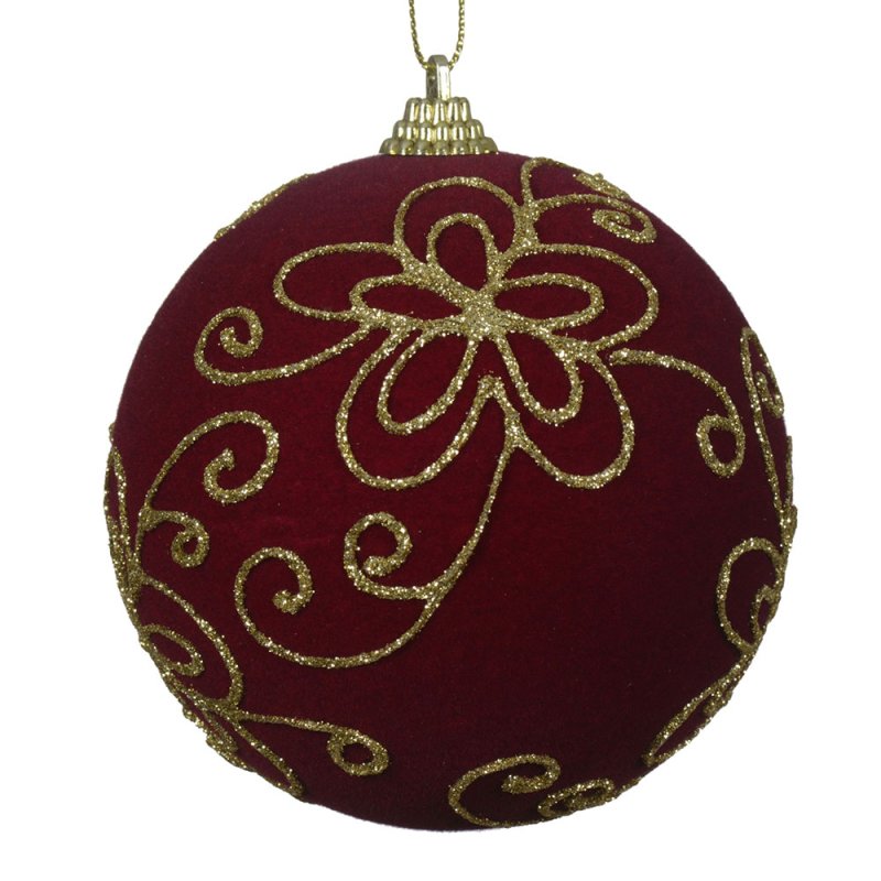 Glitter Flower Bauble Gold & Oxblood 10cm