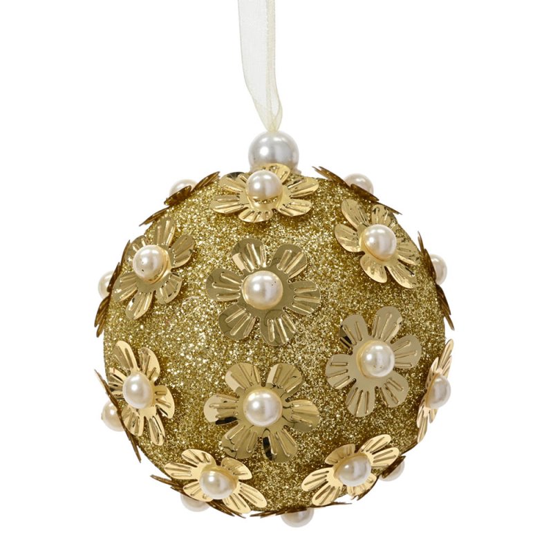 Foam Bauble With Glitter & Pearls Gold 8cm