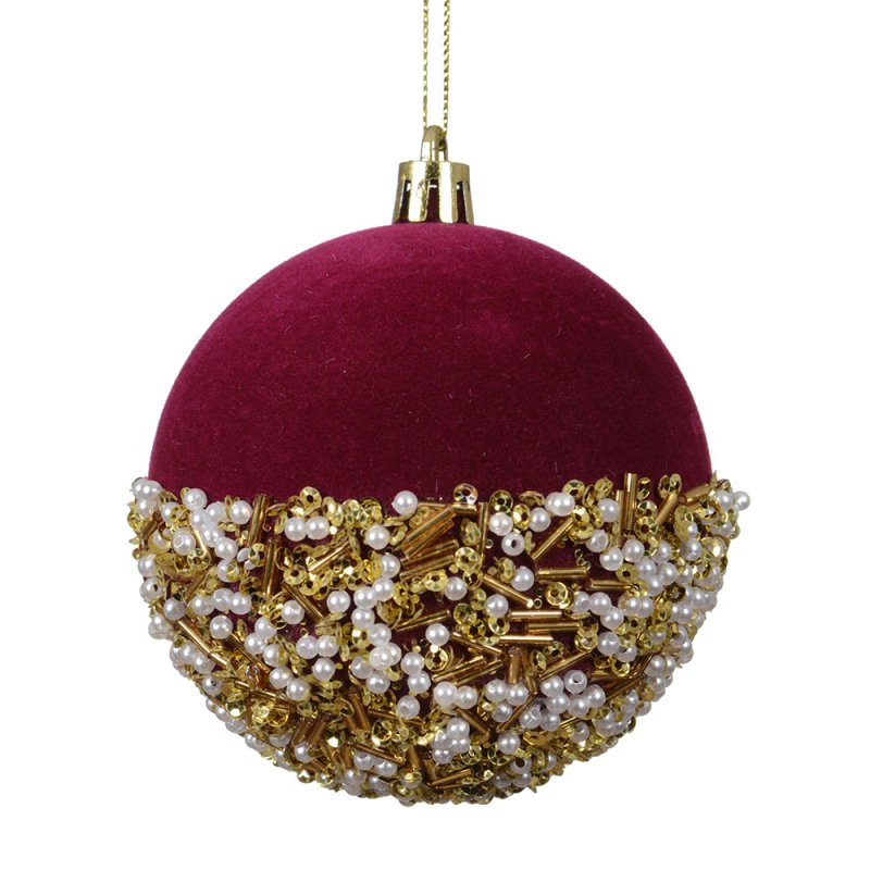 Baubles With Flock & Beads Oxblood 10cm
