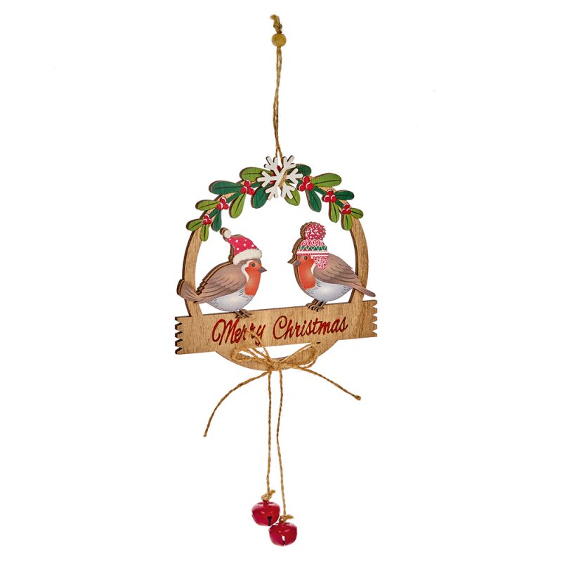 Wooden Robin Merry Christmas Wall Hanger With Bells 26cm