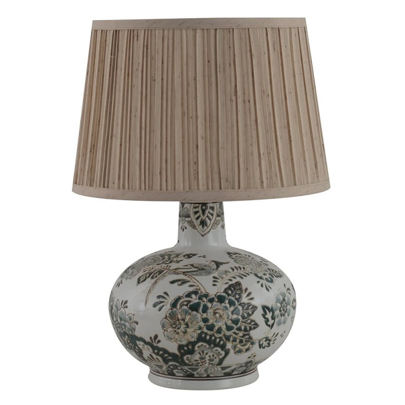 Mindy Browes Hannah Table Lamp Cream & Teal Patterned Base With Beige Flecked Pleated Shade