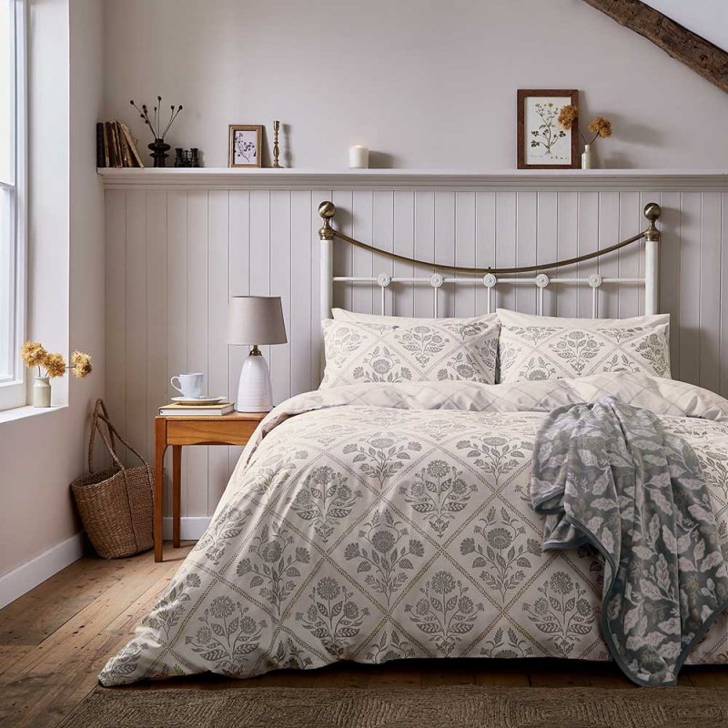 Helena Springfield Harvest Moon Folk Trellis Reversible King Duvet Cover Set Charcoal & Linen