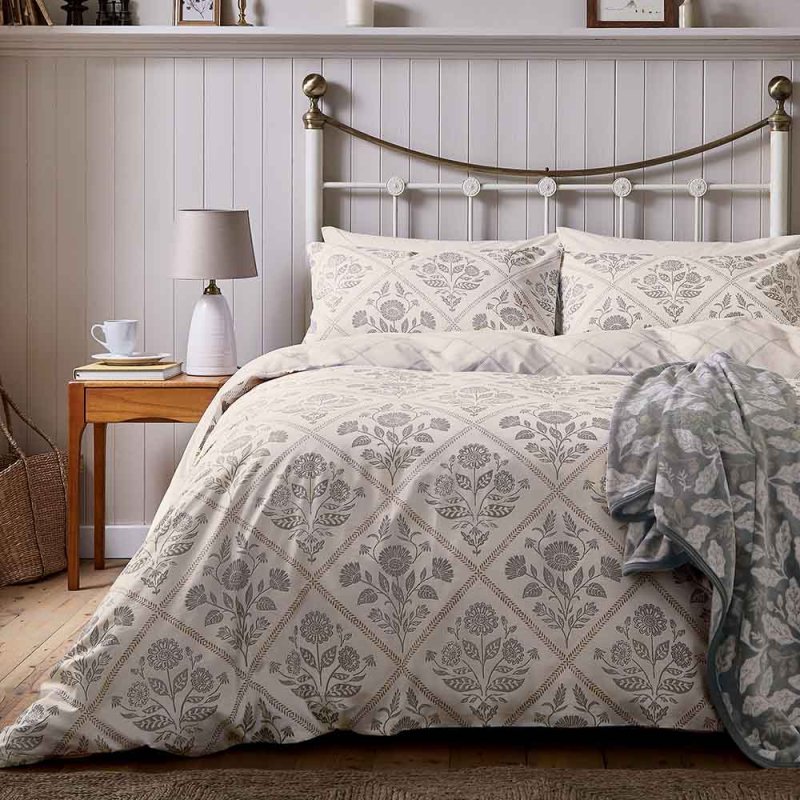 Helena Springfield Harvest Moon Folk Trellis Reversible Double Duvet Cover Set Charcoal & Linen