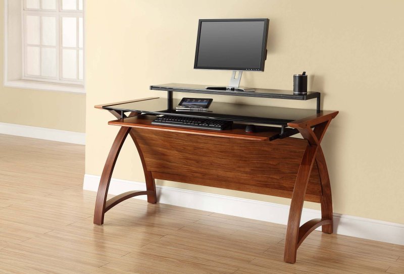 Jual Curve Office Walnut Wide Computer Desk With Keyboard & Monitor Shelf