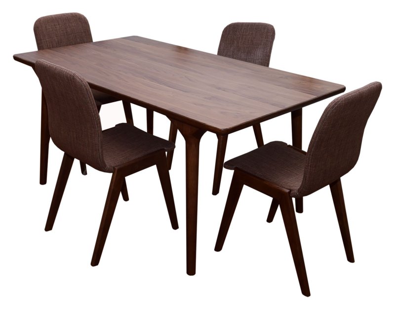 Zurich Natural Walnut 4-6 Person Dining Table & 4 Brown Upholstered Dining Chairs