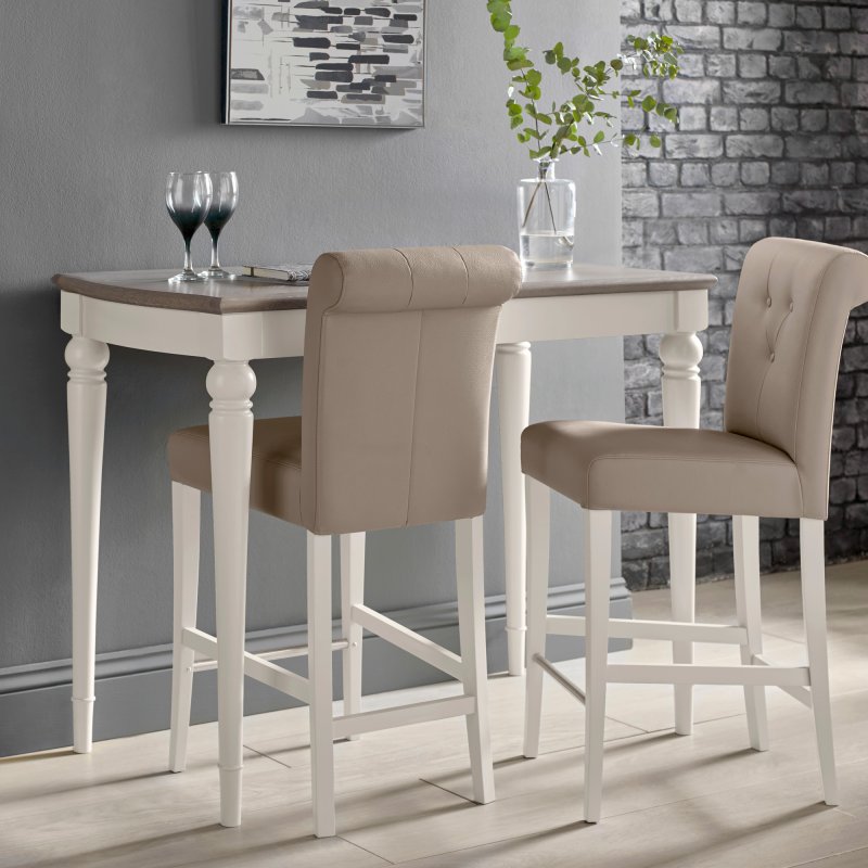 Freeport Grey Washed Oak Bar Table + 2 Grey Faux Leather Upholstered Bar Stools 