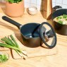 Judge Vista Ceramic Non-Stick 16cm Draining Saucepan with Glass Lid Lifestyle Lid Off